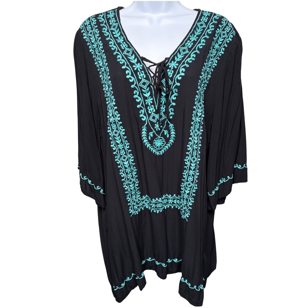 LA MODA CLOTHING Womens Black Turquoise Embroidered Lace Up Top L/XL Boho Resort